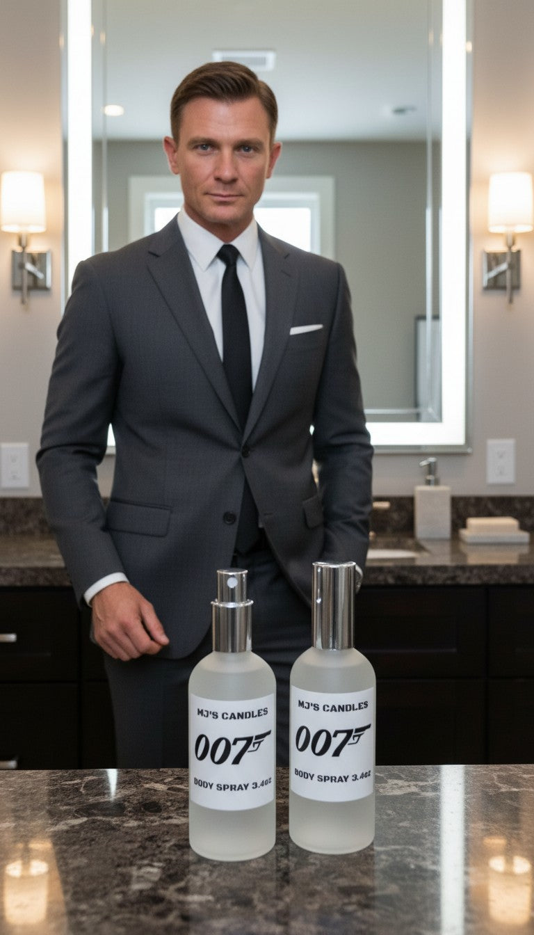 MJ'S CANDLES 007 Bodyspray in frosted bottles 3.4 oz on bathroom counter with man in suit