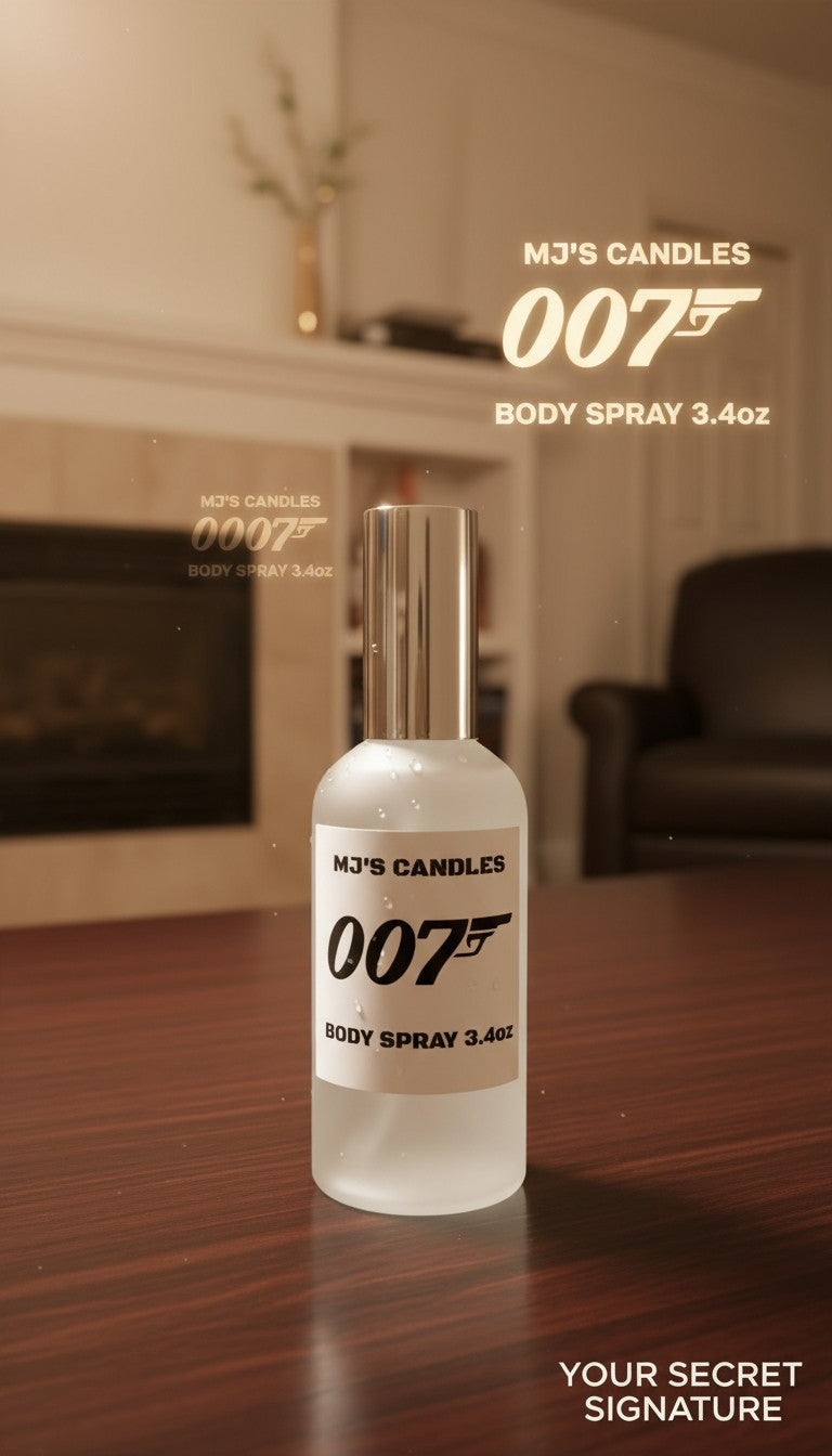 MJ'S CANDLES 007 Bodyspray 3.4oz with silver cap on wooden table in cozy living room