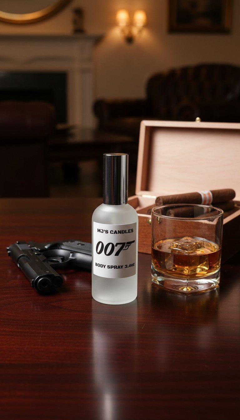MJ'S CANDLES 007 Bodyspray in frosted bottle with black cap next to whiskey glass and handgun
