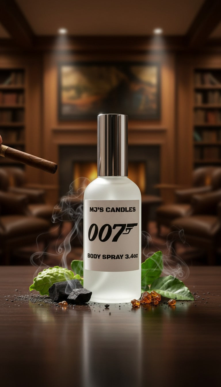 MJ'S CANDLES LLC 007 bodyspray 3.4oz with smoky and fresh green scent in frosted bottle