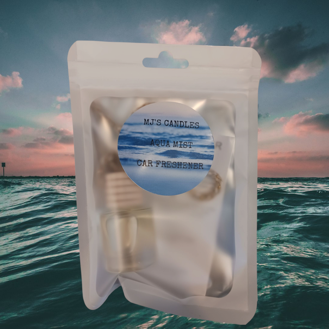 MJ'S CANDLES LLC Aqua Mist car freshener in clear resealable pouch with ocean background