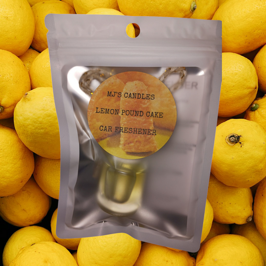 MJ'S CANDLES LLC gourmet car fragrance lemon cake car freshener in clear resealable packaging with lemon background