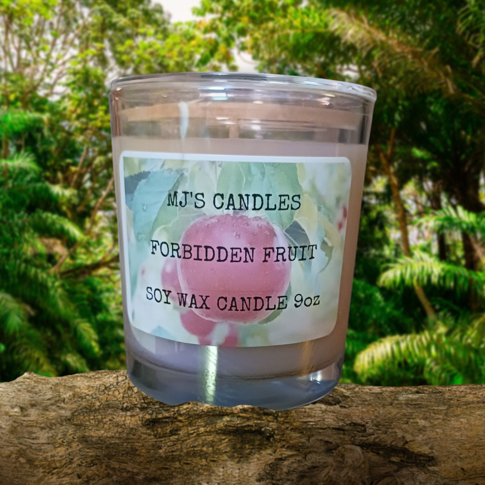 MJ'S CANDLES LLC handcrafted 10oz soy candle with Forbidden Fruit scent in clear glass jar