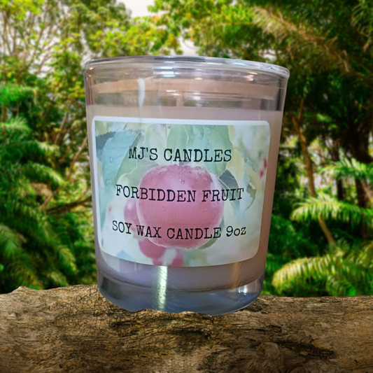 MJ'S CANDLES LLC handcrafted 10oz soy candle with Forbidden Fruit scent in clear glass jar