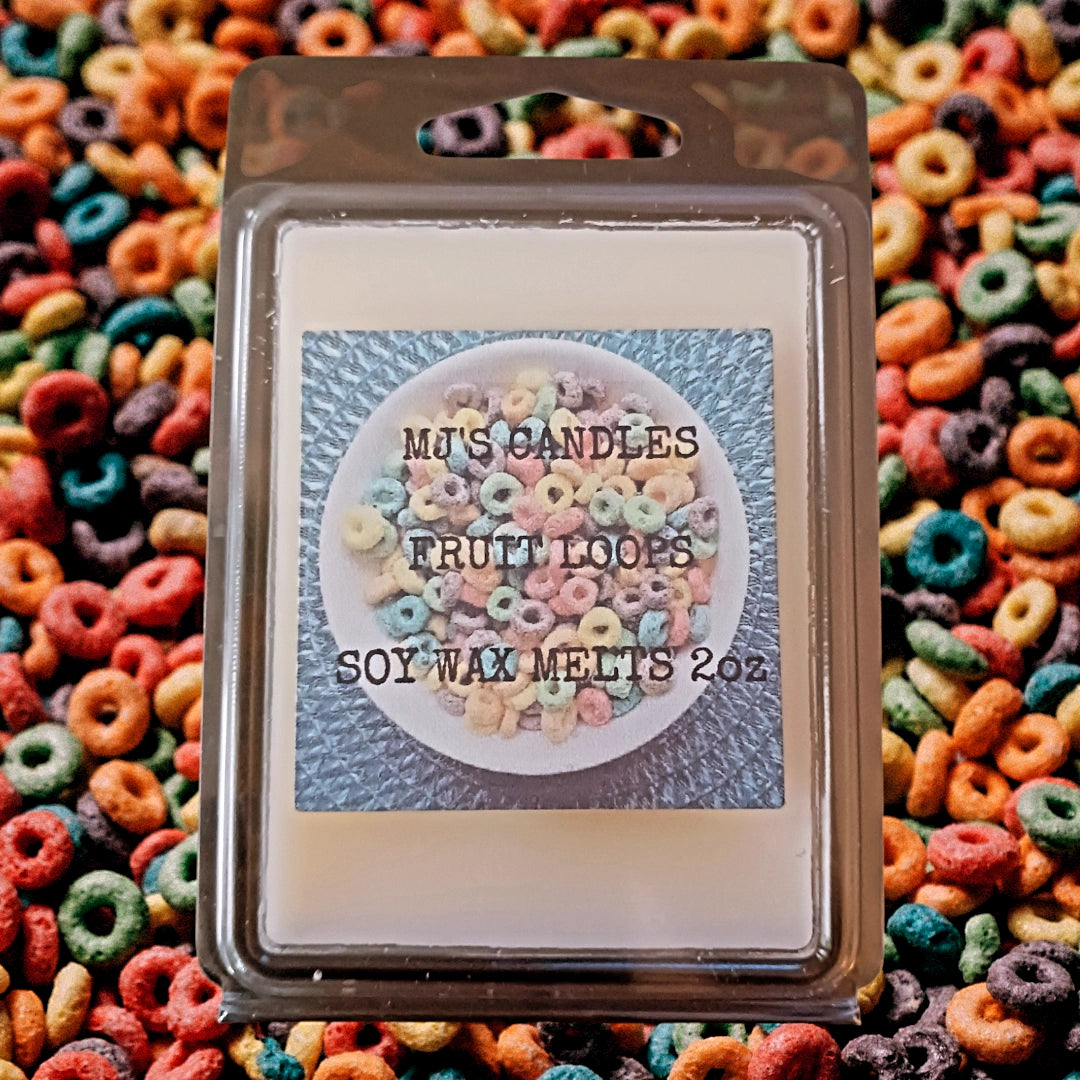 MJ'S CANDLES LLC handcrafted breakfast scent wax soy wax melts with Fruit Loops cereal scent in 2 oz clamshell package