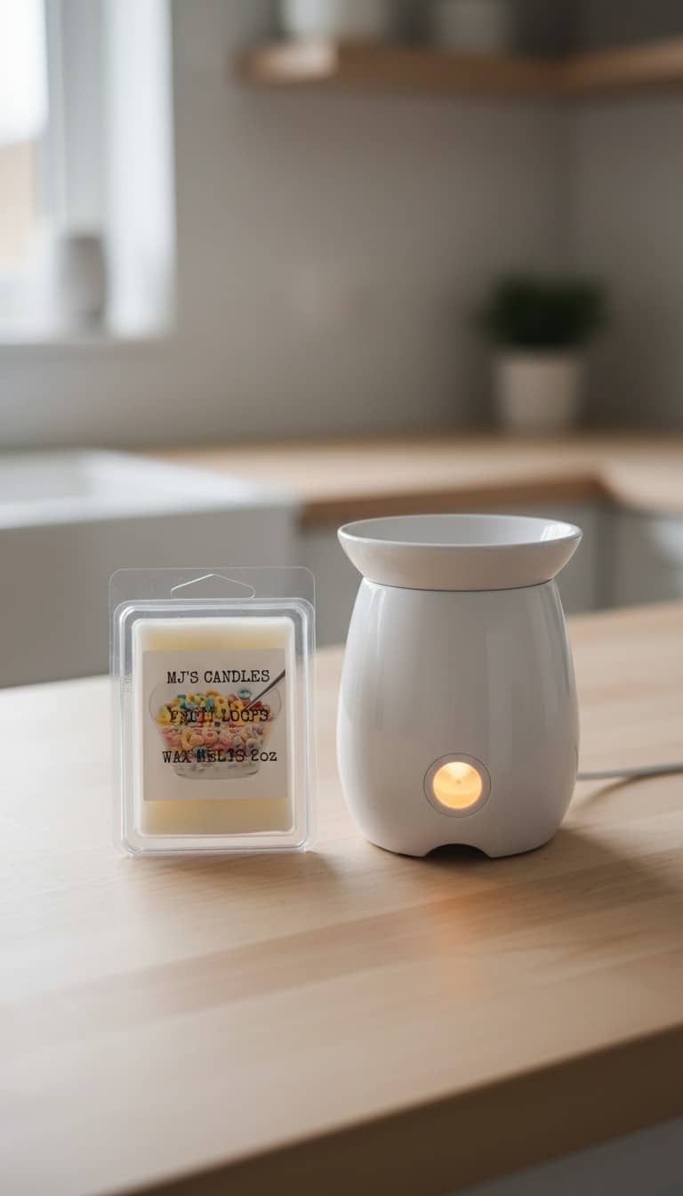 White wax warmer with lit candle and handcrafted breakfast scent wax by MJ'S CANDLES LLC on wooden countertop
