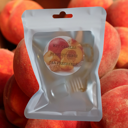 MJ'S CANDLES LLC handcrafted car scent peach air freshener in white resealable pouch with peach background