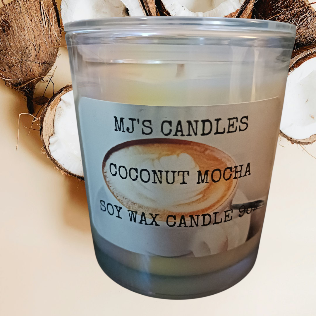 MJ'S CANDLES handcrafted coconut coffee candle in soy wax with coconut mocha scent in clear glass jar
