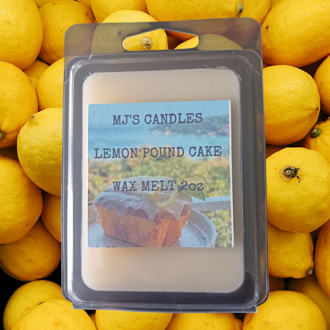MJ'S CANDLES LLC handcrafted lemon cake wax melts with lemon pound cake scent in clear packaging