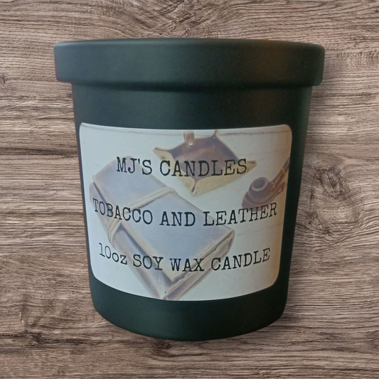 MJ'S CANDLES LLC handcrafted masculine candle scent Tobacco and Leather 10oz soy wax candle in black container