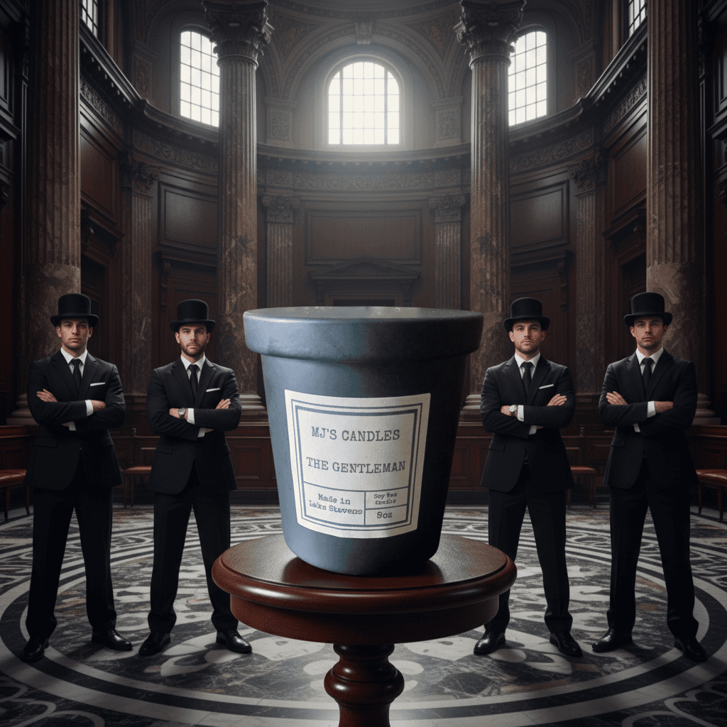 MJ'S CANDLES LLC handcrafted masculine soy candle The Gentleman in dark container on pedestal
