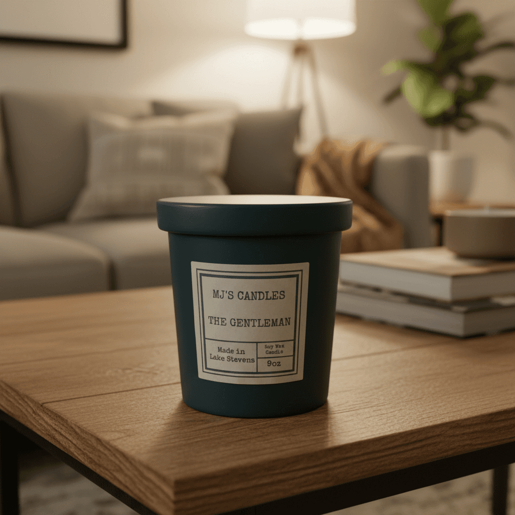 MJ'S CANDLES LLC handcrafted masculine soy candle The Gentleman in dark container on wooden table