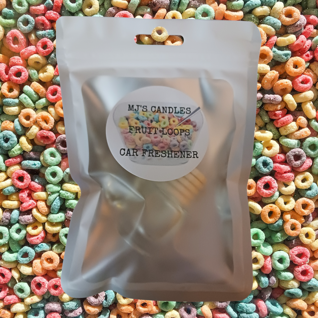 MJ'S CANDLES LLC handmade fruit loops car fragrance packaging on colorful cereal background