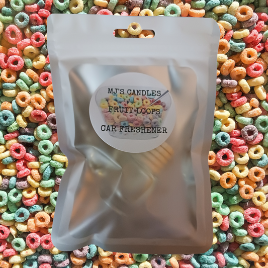 MJ'S CANDLES LLC handmade fruit loops car fragrance packaging on colorful cereal background