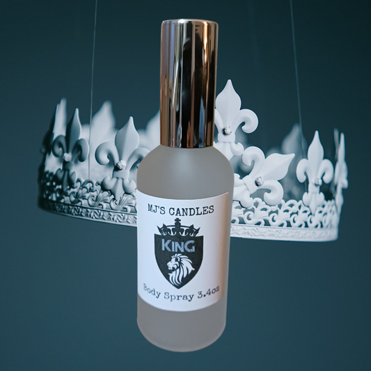 MJ'S CANDLES KING body spray for men with gold cap and crown background 3.4 oz bottle