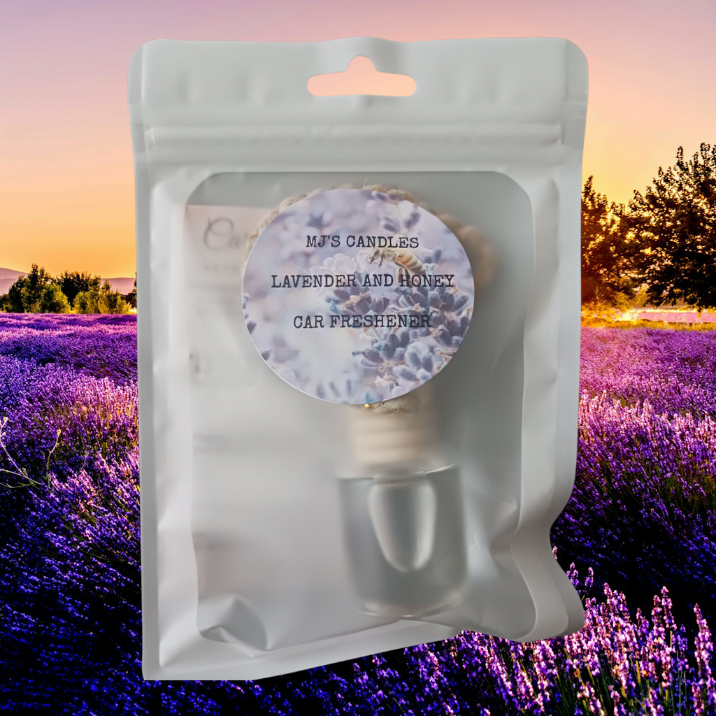 MJ'S CANDLES LLC lavender and honey car freshener in sealed white pouch packaging