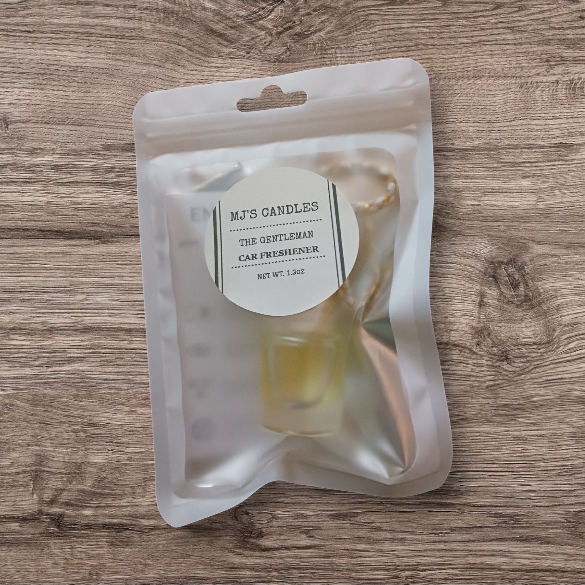 MJ'S CANDLES luxury car air freshener for men in elegant packaging on wooden surface