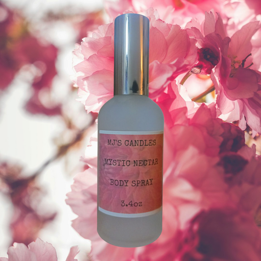 MJ'S CANDLES LLC luxury handcrafted body spray Mystic Nectar in frosted bottle with silver cap
