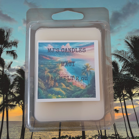 MJ'S CANDLES LLC luxury handcrafted wax melts Maui scent 2 oz in clear clamshell packaging