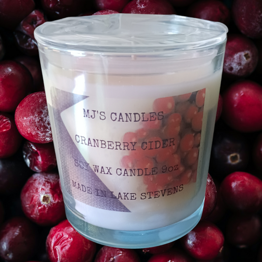 MJ's Candles cranberry cider soy wax candle 9oz luxury holiday candle gift with frosted glass lid