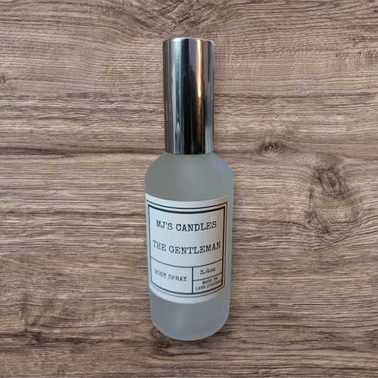 MJ'S CANDLES LLC luxury men's body spray The Gentleman in frosted glass bottle with silver cap