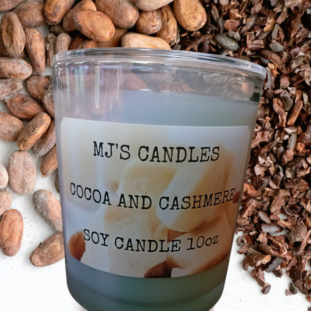 MJ'S CANDLES luxury natural scented candle 10oz with cocoa and cashmere scent in clear glass jar