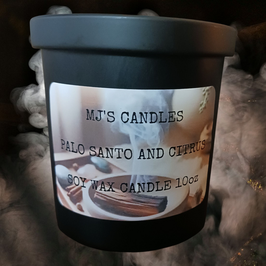 MJ'S CANDLES luxury natural scented candle in black container with Palo Santo and citrus fragrance