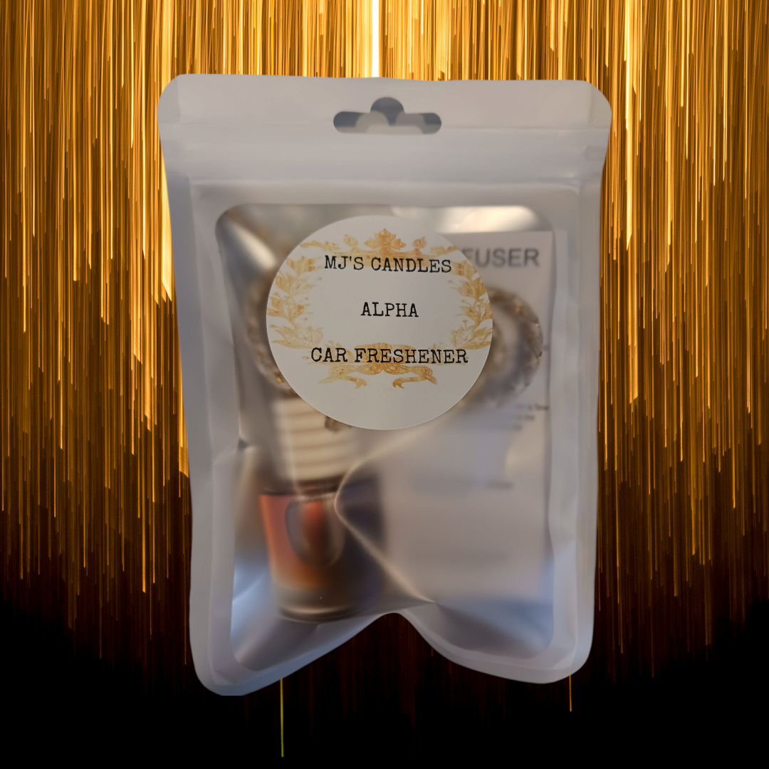 MJ'S CANDLES luxury scented car freshener in frosted resealable packaging with gold accents