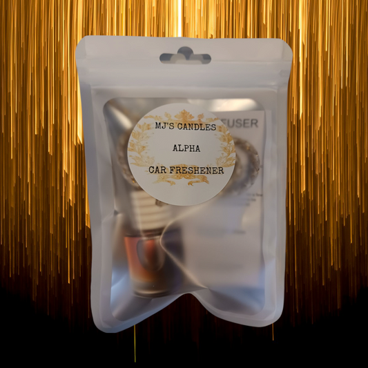 MJ'S CANDLES luxury scented car freshener in frosted resealable packaging with gold accents