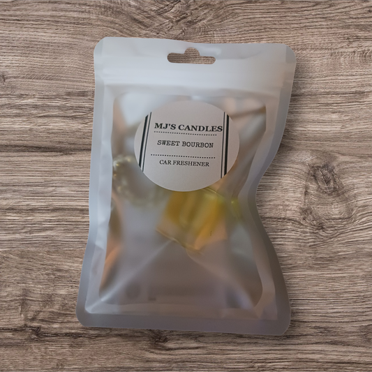 MJ'S CANDLES LLC Sweet Bourbon luxury soy car air freshener in frosted resealable pouch