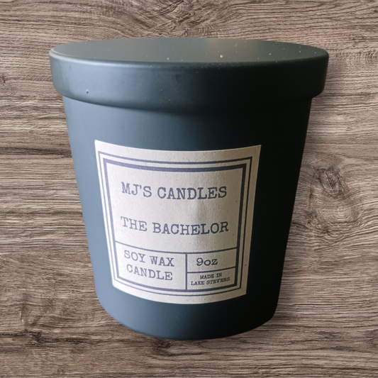MJ'S CANDLES LLC luxury soy wax candle for men labeled The Bachelor in matte black container
