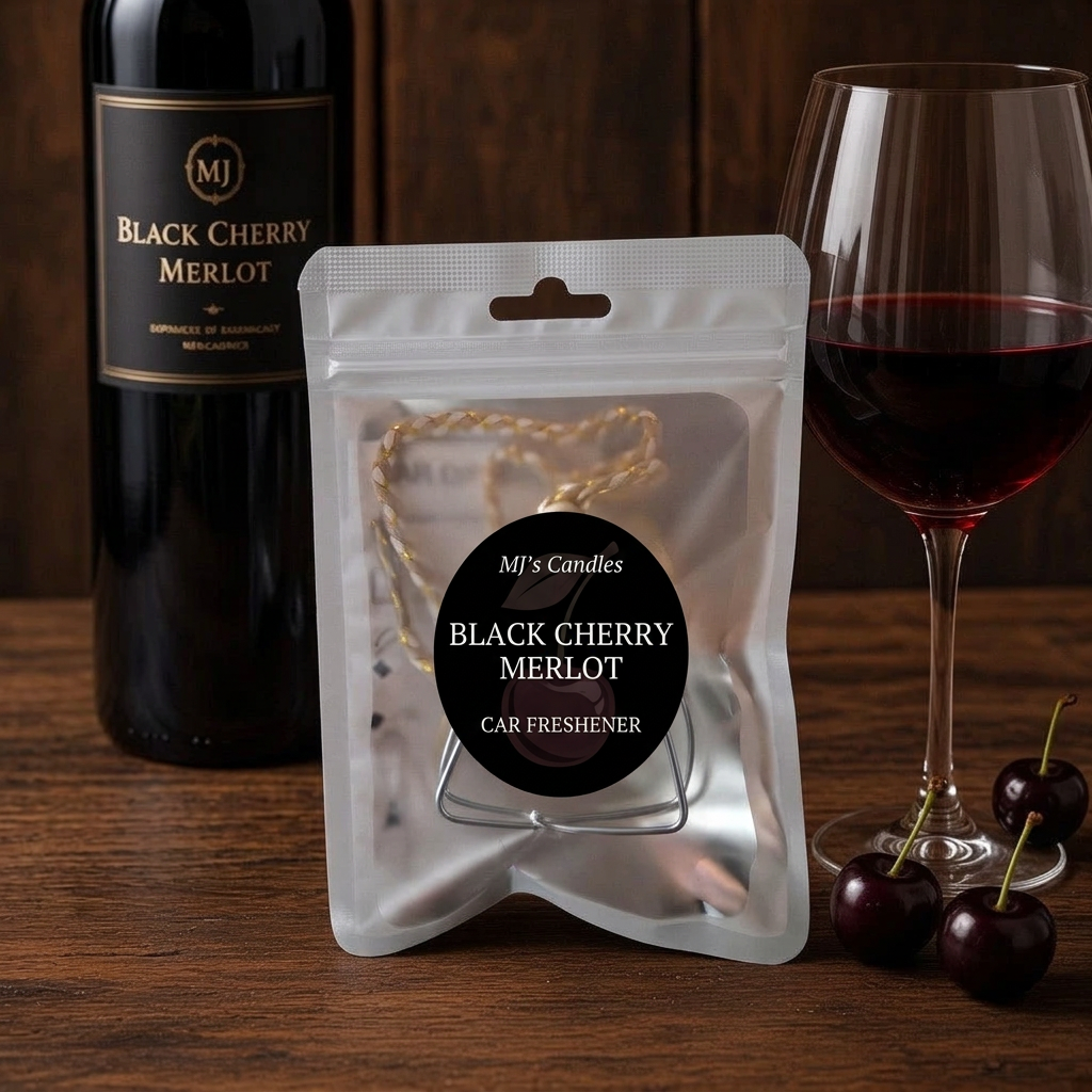 Black cherry merlot luxury wine scent car air freshener by MJ'S Candles in silver pouch with rope