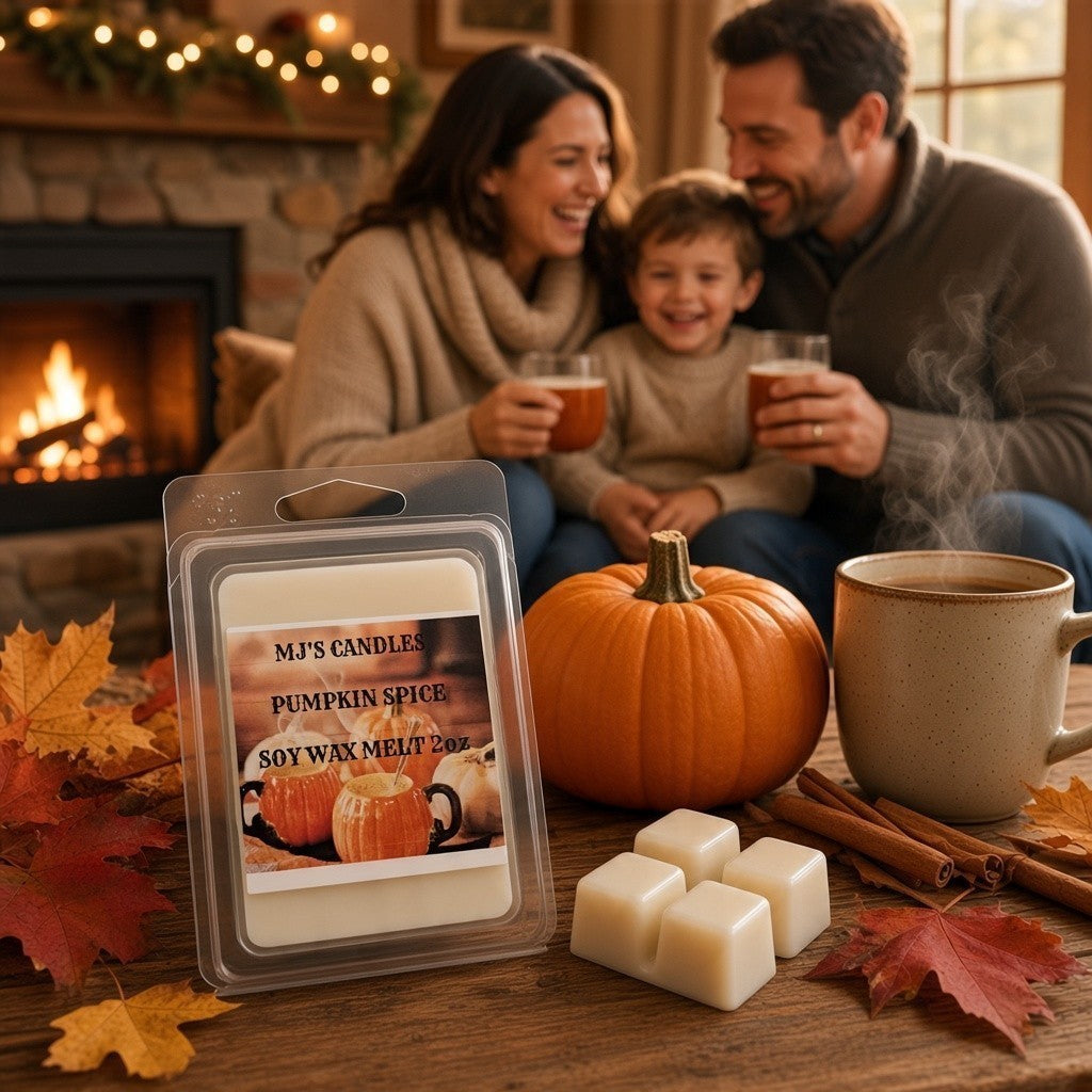 Pumpkin Spice soy wax melt 7oz by MJ'S CANDLES in clear clamshell with autumn pumpkin cinnamon sticks
