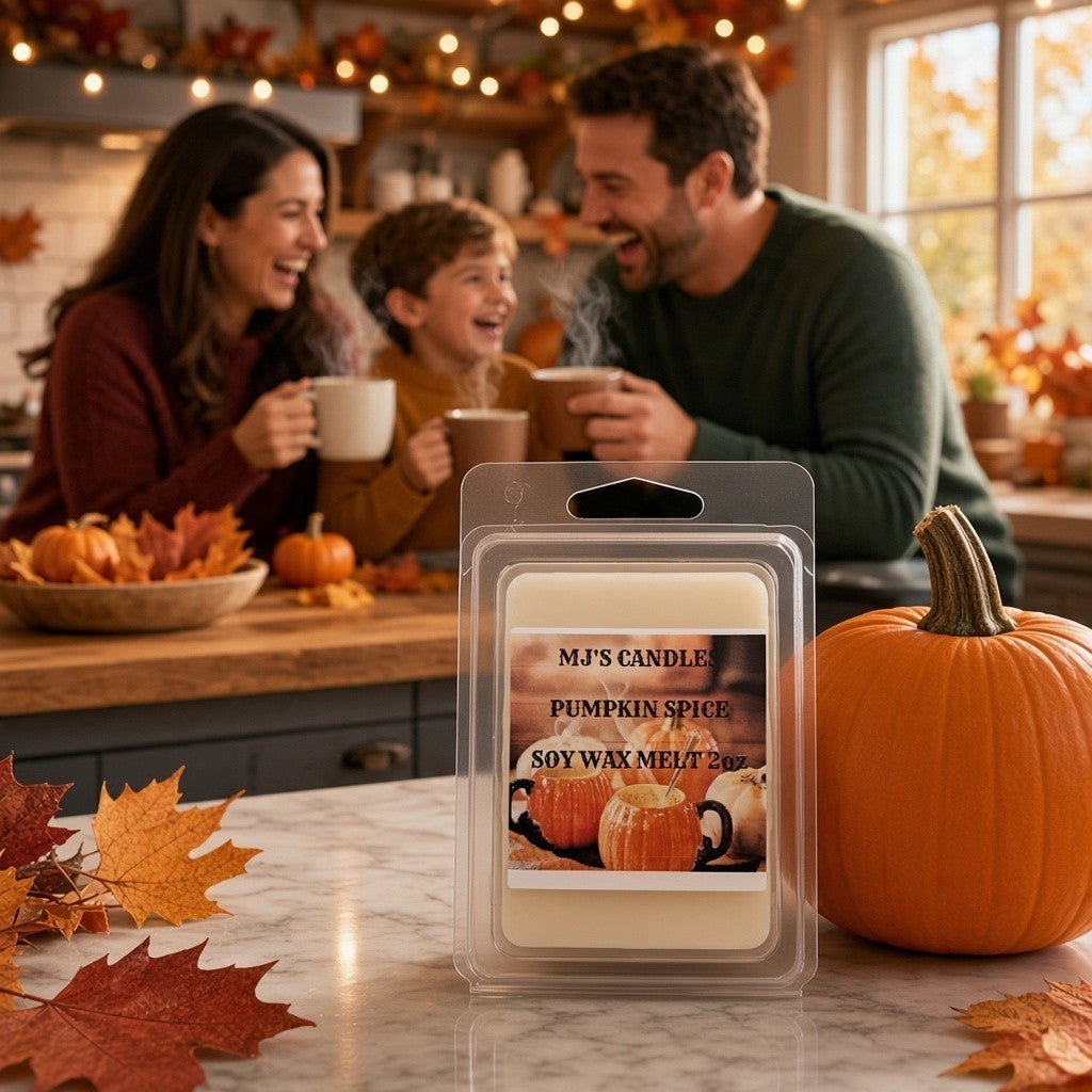 MJ'S CANDLES Pumpkin Spice soy wax melt 2oz with orange pumpkins and fall leaves on marble countertop