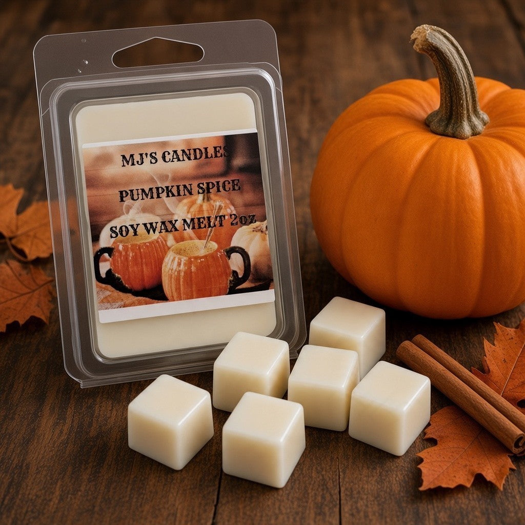 MJ'S CANDLES Pumpkin Spice soy wax melt 2oz with white wax cubes, cinnamon sticks, and pumpkin