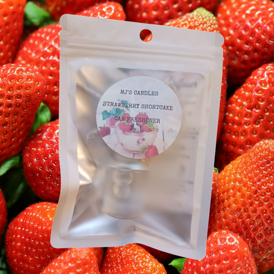 MJ'S CANDLES LLC strawberry shortcake car freshener in sealed white pouch with strawberry background