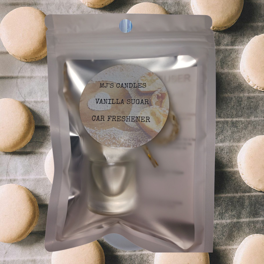 MJ'S CANDLES LLC vanilla sugar car freshener in clear container with resealable packaging