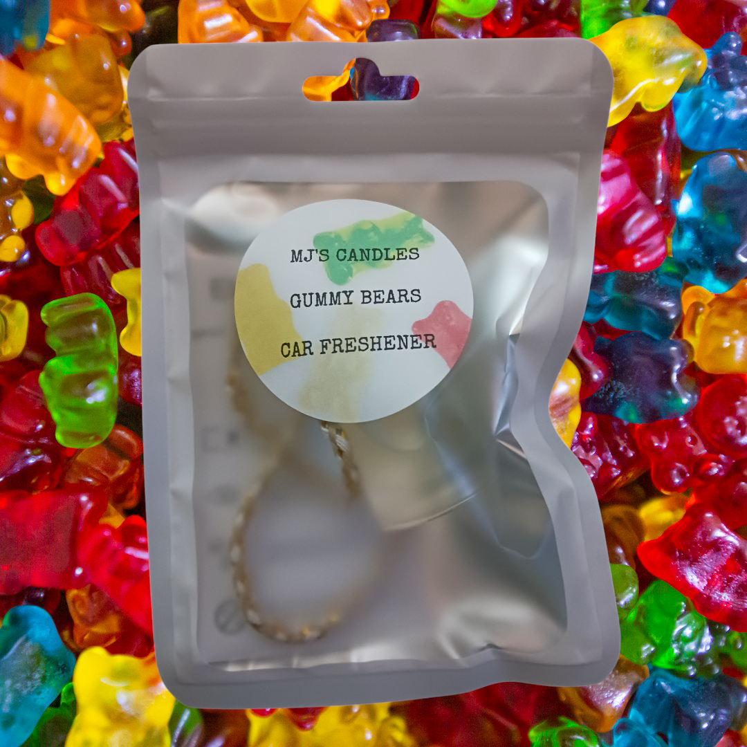 Handmade candy scented car freshener gummy bears design by MJs Candles LLC in sealed packaging