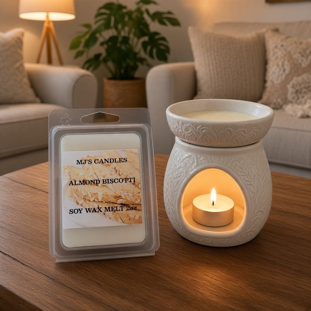 Almond Biscotti wax melt scentsy soy wax melt 2oz next to lit ceramic wax warmer in cozy living room