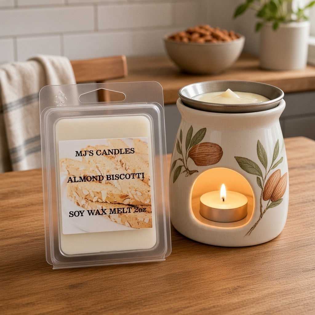 Almond Biscotti soy wax melt 2oz wax melt scentsy with lit ceramic wax warmer on wooden table