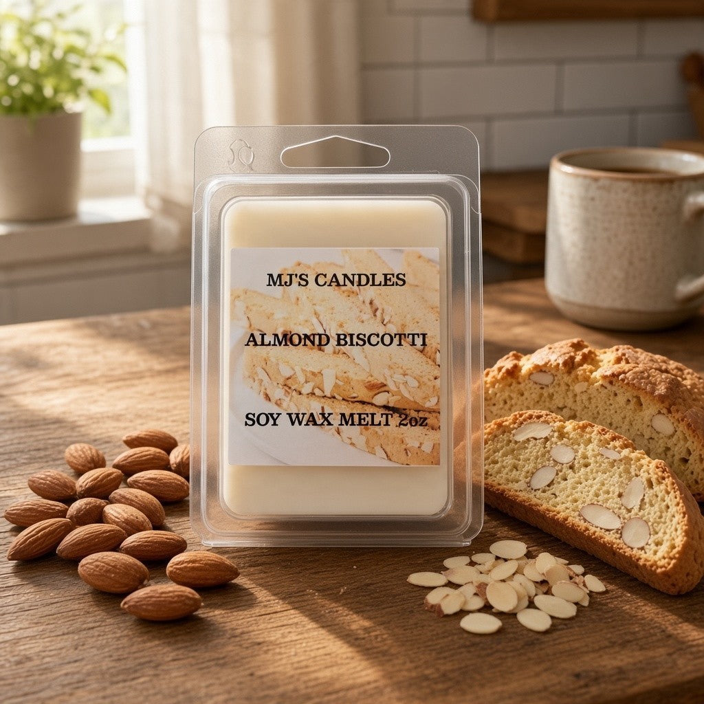 Almond Biscotti soy wax melt scentsy 2oz by MJ'S CANDLES LLC with almonds and biscotti on wooden table