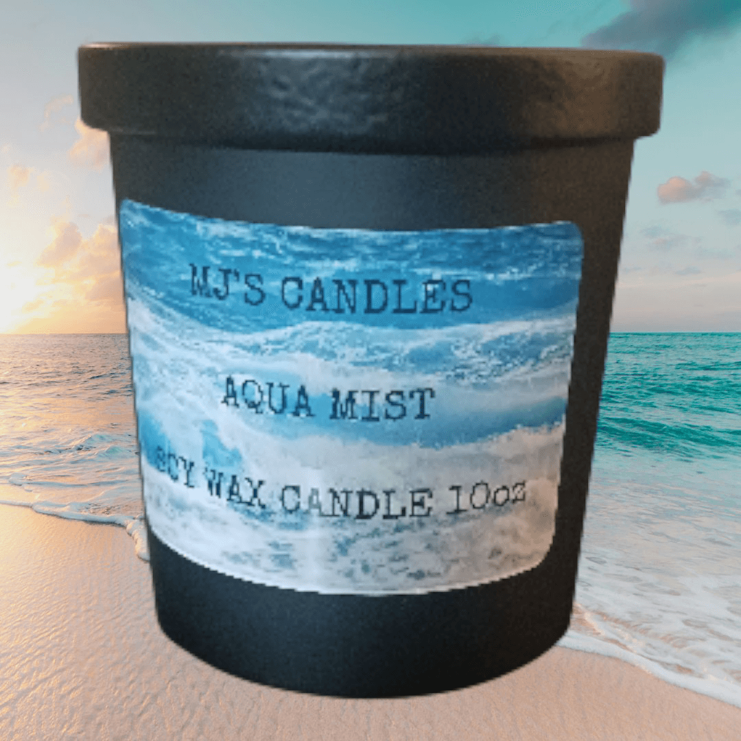 MJ'S CANDLES LLC Aqua Mist soy candle in black container with ocean wave label and 10oz soy wax