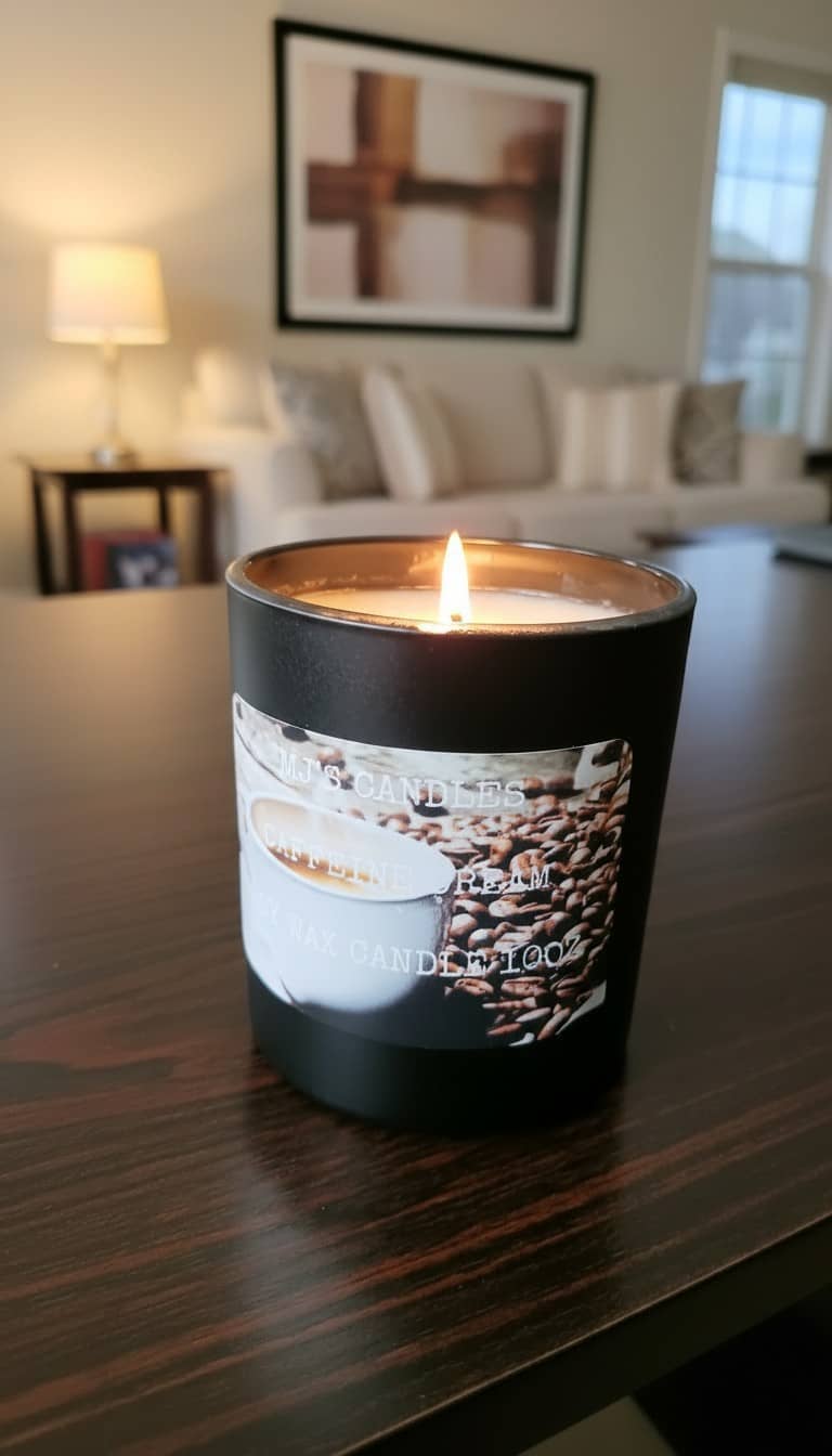 MJ'S CANDLES LLC coffee scented soy candle burning in black glass container on a wooden table
