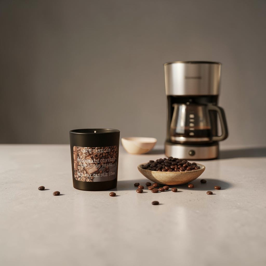 MJ'S CANDLES LLC espresso beans scented candle with coffee maker and bowl of espresso beans