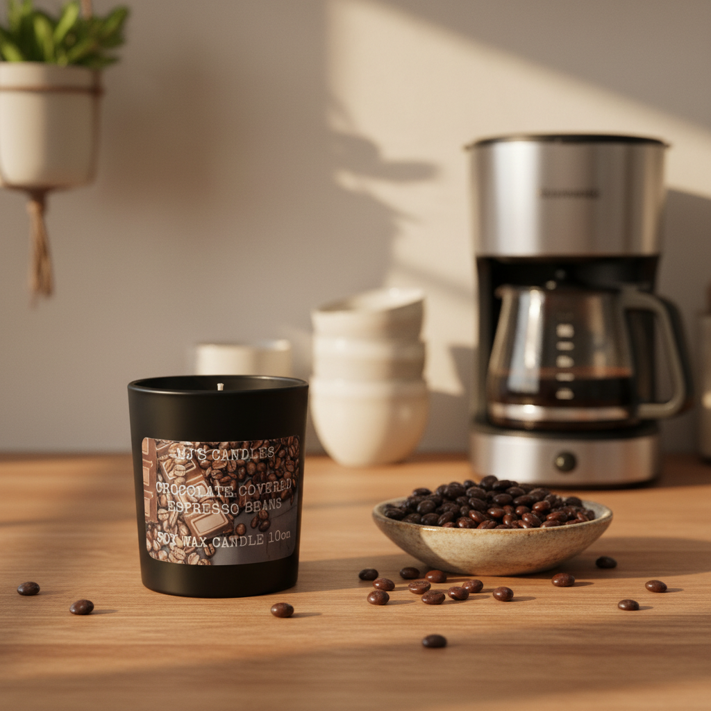 MJ'S CANDLES espresso beans scented soy wax candle with coffee grinder and espresso beans on wooden table