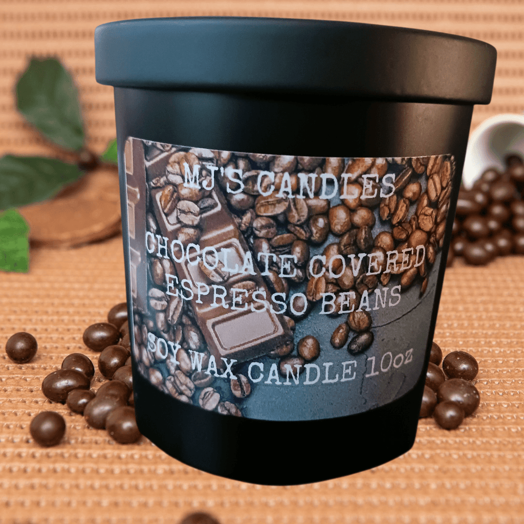 MJ'S CANDLES chocolate covered espresso beans soy wax candle in black container with espresso beans around