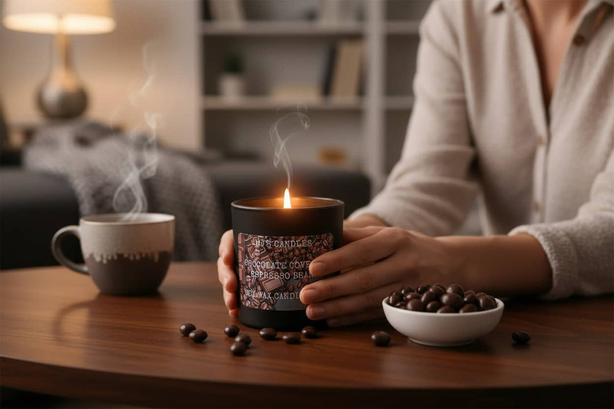 MJ'S CANDLES LLC espresso beans scented candle held by person next to bowl of espresso beans and steaming cup