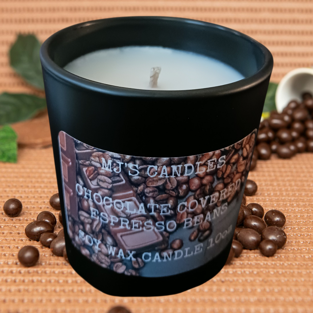 MJ'S CANDLES LLC black soy wax candle with espresso beans and chocolate covered design