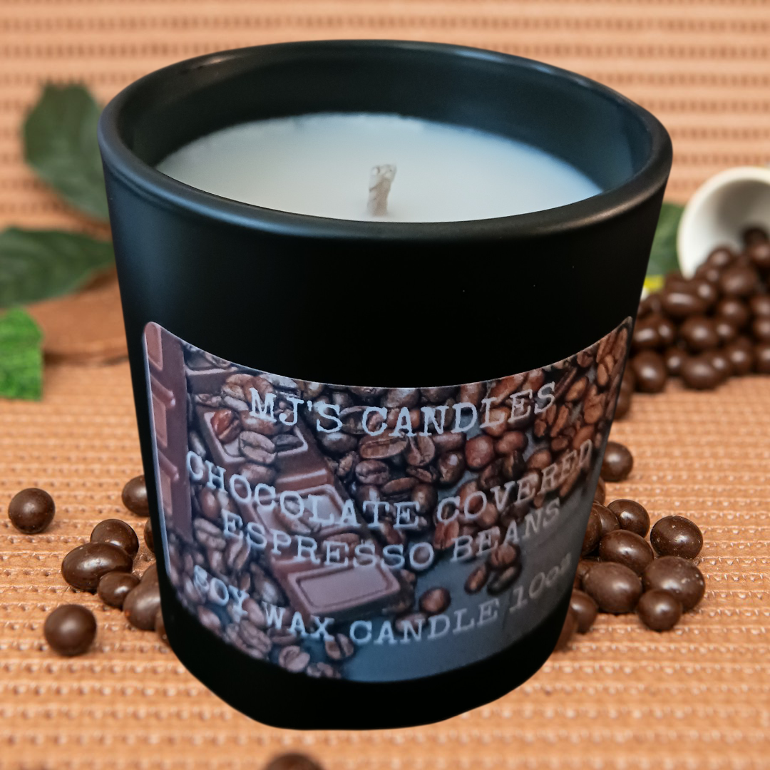 MJ'S CANDLES LLC black soy wax candle with espresso beans and chocolate covered design