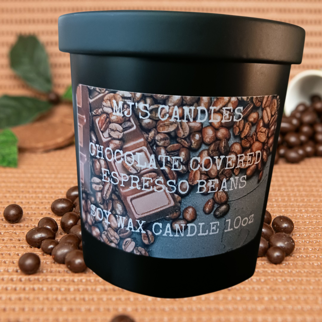 MJ's Candles chocolate covered espresso beans soy wax candle in black container with scattered beans